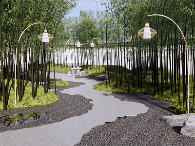 Serene Residential Landscape With Winding Path Bamboo Grove And Lantern Style Lamps 3d model