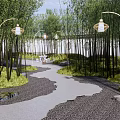 Serene Residential Landscape With Winding Path Bamboo Grove And Lantern Style Lamps