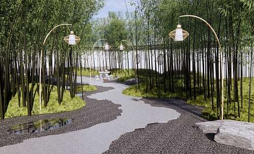 New Chinese Courtyard Residential Quarter Landscape Bamboo Forest Interpassage Bamboo Lantern House Space Under Forest Garden Road Ice Crack Slab Road 3d model