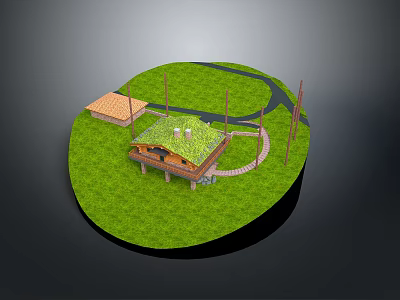 Miniature Circular Grassy Landscape Model Featuring Green Roof Building Small Shed Pathways And Utility Poles 3d model