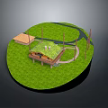Miniature Circular Grassy Landscape Model Featuring Green Roof Building Small Shed Pathways And Utility Poles
