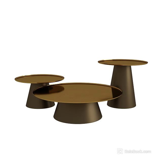 Three Modern Round Coffee Tables With Golden Top And Conical Base 3d model