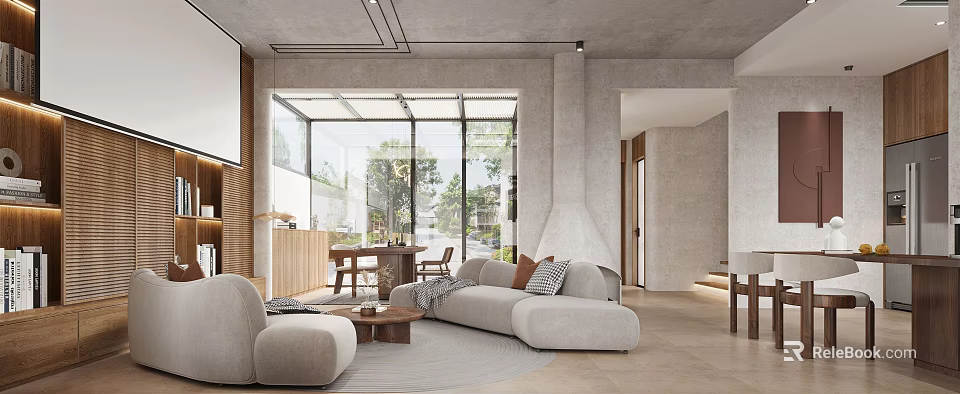 Modern Living Dining Room With Large Windows Wooden Table And Comfortable Sofa 3d model 