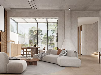 Modern Living Dining Room With Large Windows Wooden Table And Comfortable Sofa 3d model