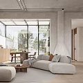 Modern Living Dining Room With Large Windows Wooden Table And Comfortable Sofa