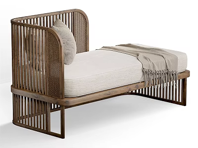 Modern Chaise Lounge With Wooden Frame Wicker Backrest White Cushion And Gray Throw Blanket 3d model
