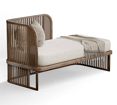 Modern Chaise Lounge With Wooden Frame Wicker Backrest White Cushion And Gray Throw Blanket 3d model
