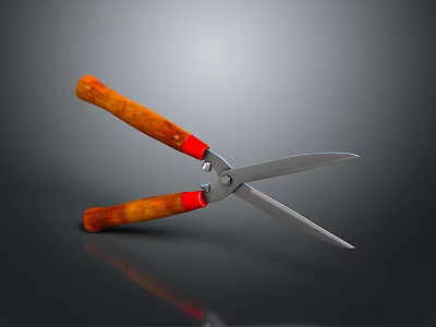 Durable Hardware Tool Scissors With Wooden Handle Red Accents And Silver Blades 3d model