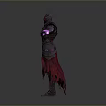 Man in Purple Armor with Horns Red Tattered Cape and Purple Glowing Hands