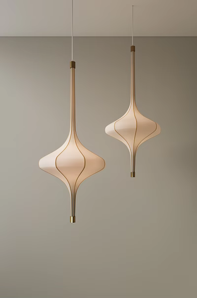 Elegant Modern Pendant Lights With Curved Beige Shades And Metallic Gold Accents 3d model