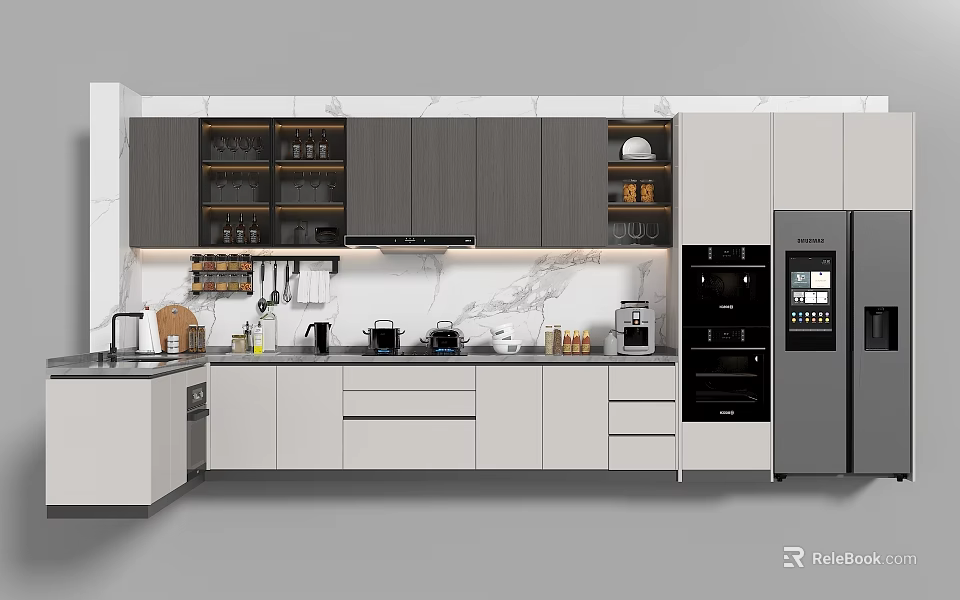 Modern Kitchen Interior With Marble Countertop Cabinets Open Shelves And Stainless Steel Appliances 3d model 