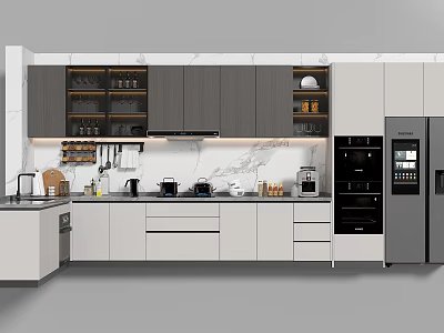 Modern Kitchen Interior With Marble Countertop Cabinets Open Shelves And Stainless Steel Appliances 3d model