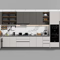 Modern Kitchen Interior With Marble Countertop Cabinets Open Shelves And Stainless Steel Appliances