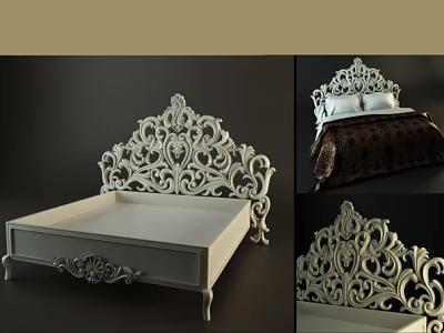 Elegant White Double Bed With Intricate Carved Headboard And Decorative Design 3d model