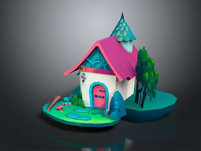 Enchanting Cartoon Scene With Fairy Tale Cottage White Walls Pink Roof Green Trees And Small Mushrooms 3d model