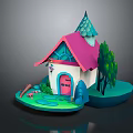 Enchanting Cartoon Scene With Fairy Tale Cottage White Walls Pink Roof Green Trees And Small Mushrooms