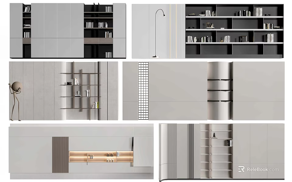 Modern Minimalist Bookcase Design With Multi Layer Open Shelves And Closed Cabinets 3d model 