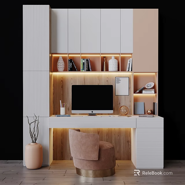 Modern Desk And Chair Set In Home Office With Computer Monitor Bookshelf And Warm Lighting 3d model 