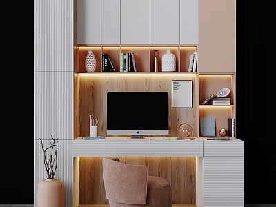 Modern Desk And Chair Set In Home Office With Computer Monitor Bookshelf And Warm Lighting 3d model