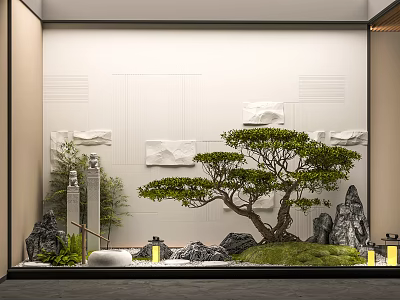 Chinese Style Indoor Landscape With Rockery Pine Tree And Stone Lanterns 3d model