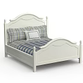 White Double Bed with Arched Headboard Bedposts and Plaid Bedspread White Cushion 3d model