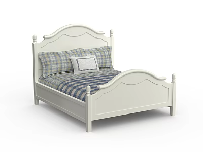 White Double Bed with Arched Headboard Bedposts and Plaid Bedspread White Cushion 3d model