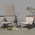 Modern Chairs And Table Set With Beige Cushions Wooden Table Decorative Vase Books And Fruit