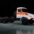 Red And White Semi Truck Cab With Multiple Wheels And Roof Lights On Shiny Floor