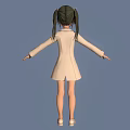 3D Anime Character With Pigtails Green Eyes Beige Coat Bow Tie Short Skirt Outstretched Arms