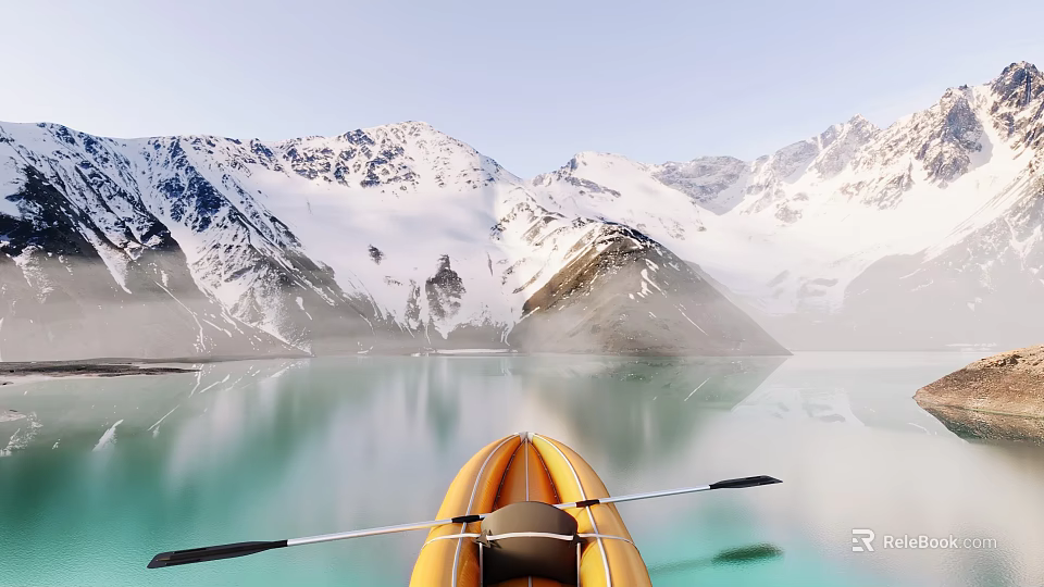 Breathtaking Landscape View of Snow Capped Mountains and Calm Turquoise Lake with Kayak 3d model 