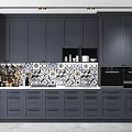 Modern Dark Kitchen Cabinets With Golden Handles White Countertop And Storage Drawers