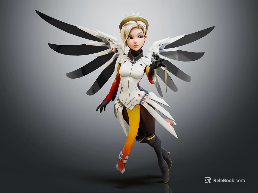 Winged Blonde Character In White And Orange Outfit Dynamic Flying Stance Fantasy Creature 3d model 