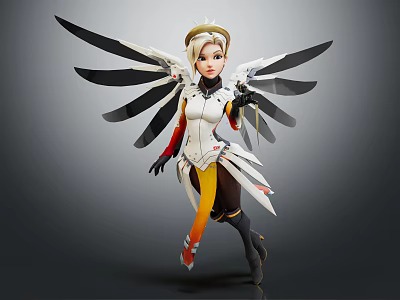 Winged Blonde Character In White And Orange Outfit Dynamic Flying Stance Fantasy Creature 3d model