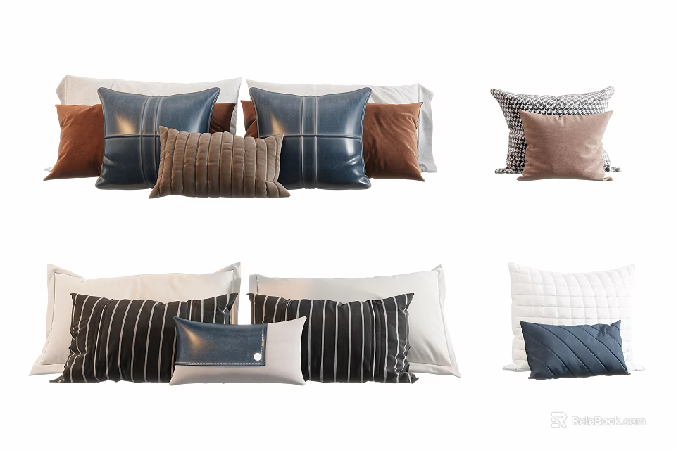 Decorative Modern Throw Pillows With Blue Brown Striped Checkered And Textured Designs 3d model 