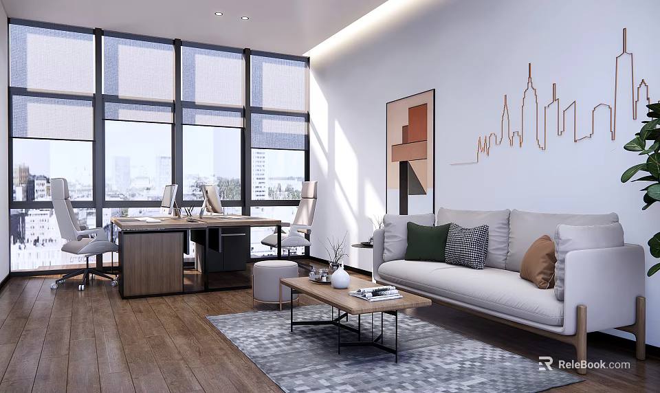 Modern Office Interior With Large Windows Work Desk Sofa And Decorative Wall Art 3d model