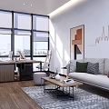 Modern Office Interior With Large Windows Work Desk Sofa And Decorative Wall Art 3d model