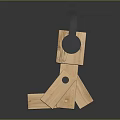 Wooden Robot Doll with Black Headphones and Simple Wooden Structure