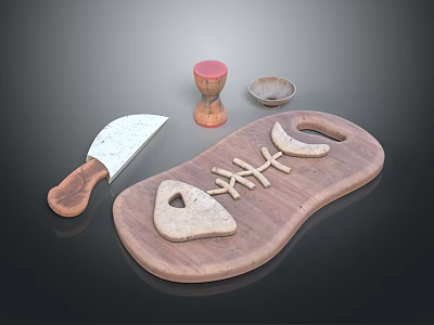 Wooden Cutting Board With Knife Mortar Pestle And Small Bowl Kitchen Tools 3d model
