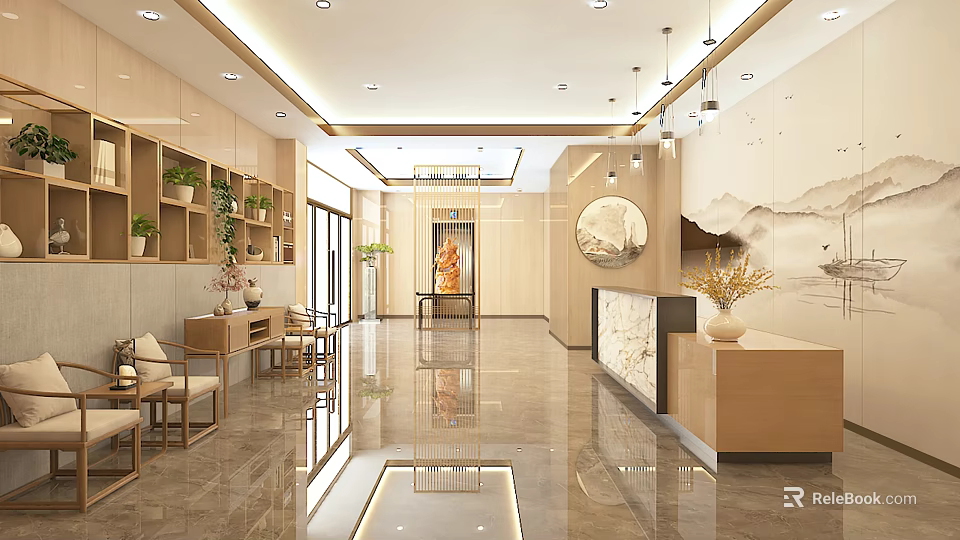 Modern Storefront Reception Desk With Wooden Frame Marble Countertop Green Plants And Circular Artwork 3d model 