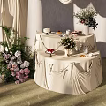 Elegant Floral Display with Beige Drapery Canopy and Pink White Flower Arrangements on Decorative Table