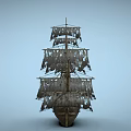 Classic Wooden Sailing Ship With Multiple Sails And Intricate Hull Details