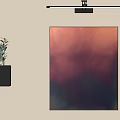 Abstract Painting With Black Frame Gradient Pink Purple Blue Hanging On Wall With Green Plant