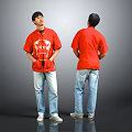 Two Men Wearing Red T Shirts And Blue Jeans With Front And Back Views On Gray Background