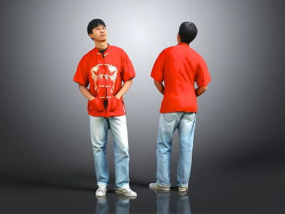 Two Men Wearing Red T Shirts And Blue Jeans With Front And Back Views On Gray Background 3d model