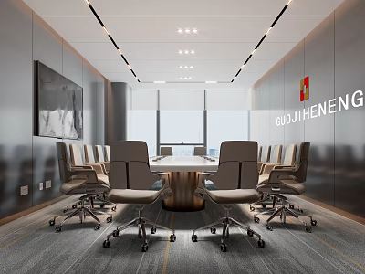 Modern Conference Room Interior with Long Table Chairs Brand Logo Large Windows and Ceiling Strips 3d model