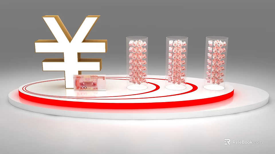 Large Yen Symbol With Transparent Coin Columns And 200 Yen Banknote On Display Platform 3d model 