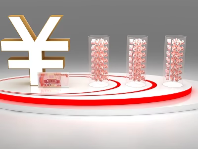 Large Yen Symbol With Transparent Coin Columns And 200 Yen Banknote On Display Platform 3d model