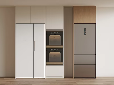 Modern Kitchen Interior With White Double Door Refrigerator And Gray Three Door Freezer Cabinets 3d model