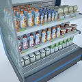 Multi Tiered Display Shelf With Clear Glass Doors And Organized Colorful Beverages Snacks