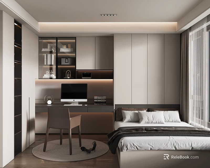 Modern Tatami Bedroom Interior Design With Bed Desk Chair And Built In Cabinets 3d model 